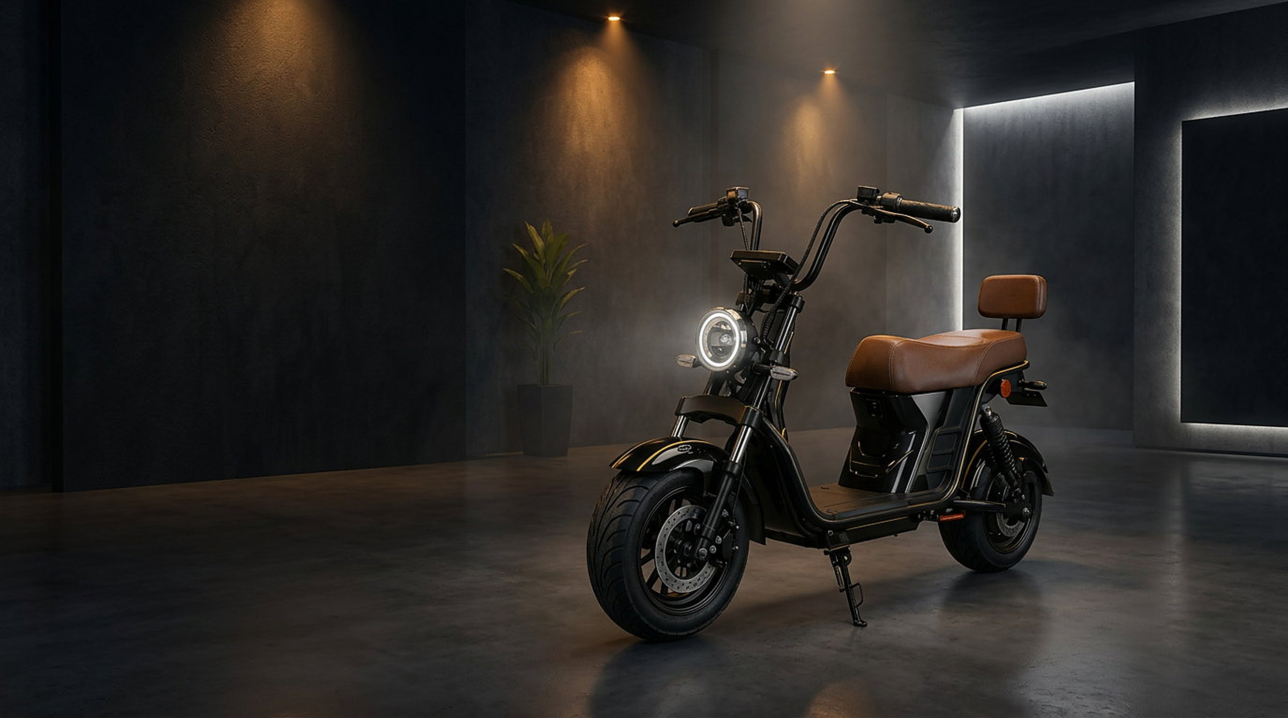 X13 — scooter elétrica em showroom premium com iluminação cinematográfica